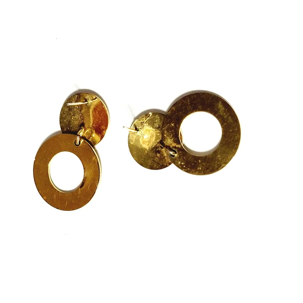 Double Circle‎ Dangle Pierced Earrings, 1.5” Shiny Gold-tone Retro Jewelry gp-4